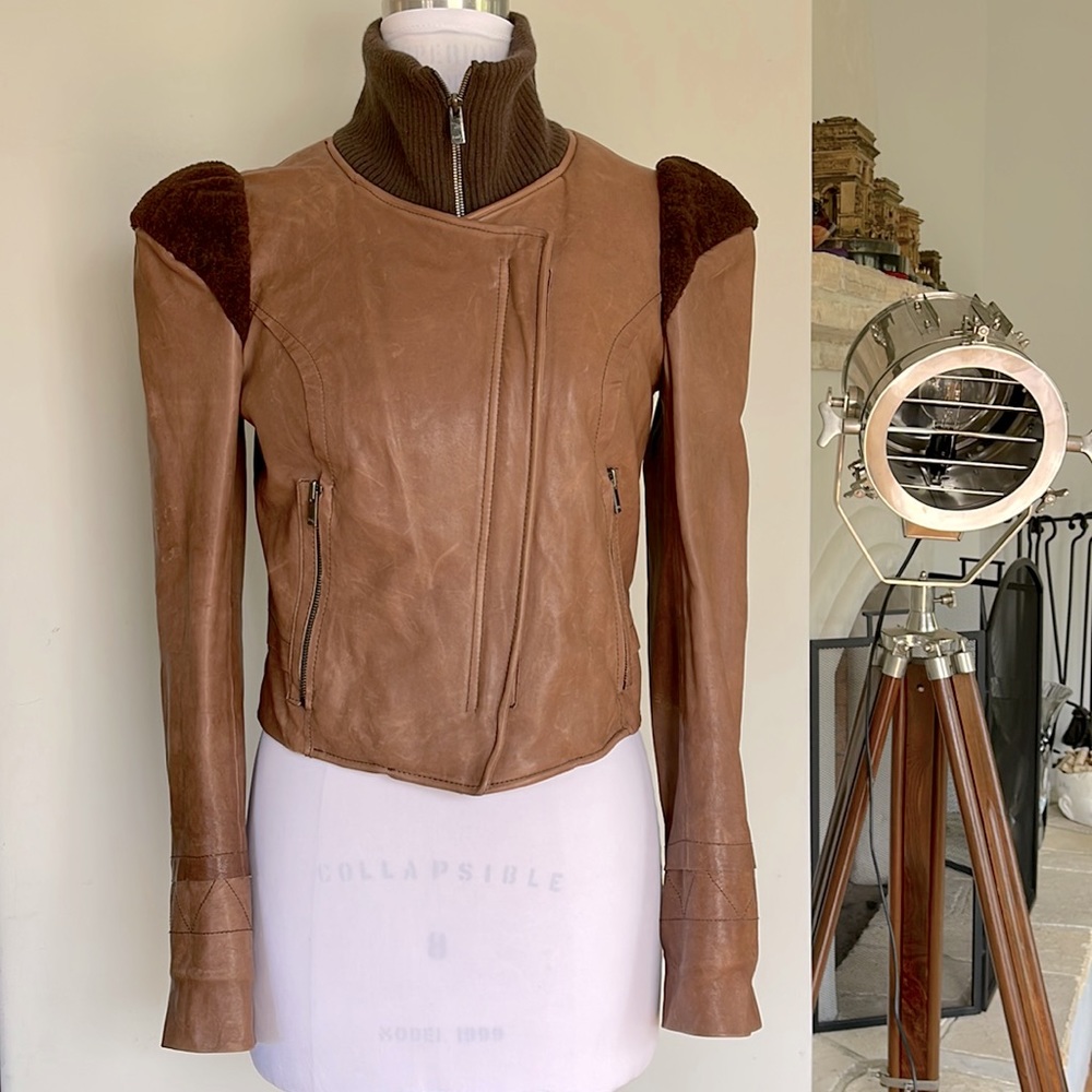 HANII Y Biker Moto Soft Leather Jacket Wool Shoulders Size 42 US 6 M